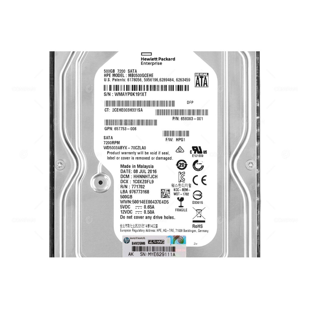 658103-001 HP HDD 500GB 7.2K SATA 6G MDL 3.5 LFF HOT-SWAP